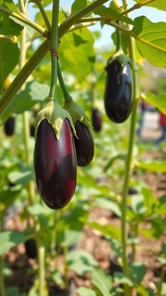 Healthy eggplants hanging from plants in a sunny garden