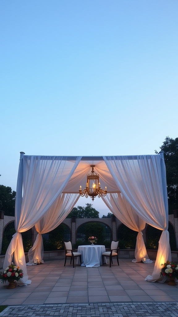 An elegant canopy tent with flowing white fabric, a chandelier, and a small table set for dining.