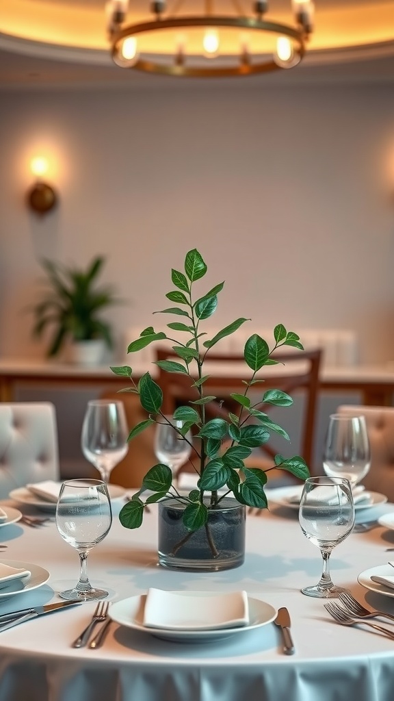 A dining table set with a jade plant centerpiece, elegant tableware, and soft lighting.