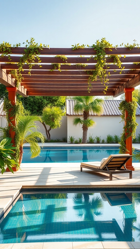 Elegant pergola cabana with lush greenery, overlooking a pristine swimming pool.