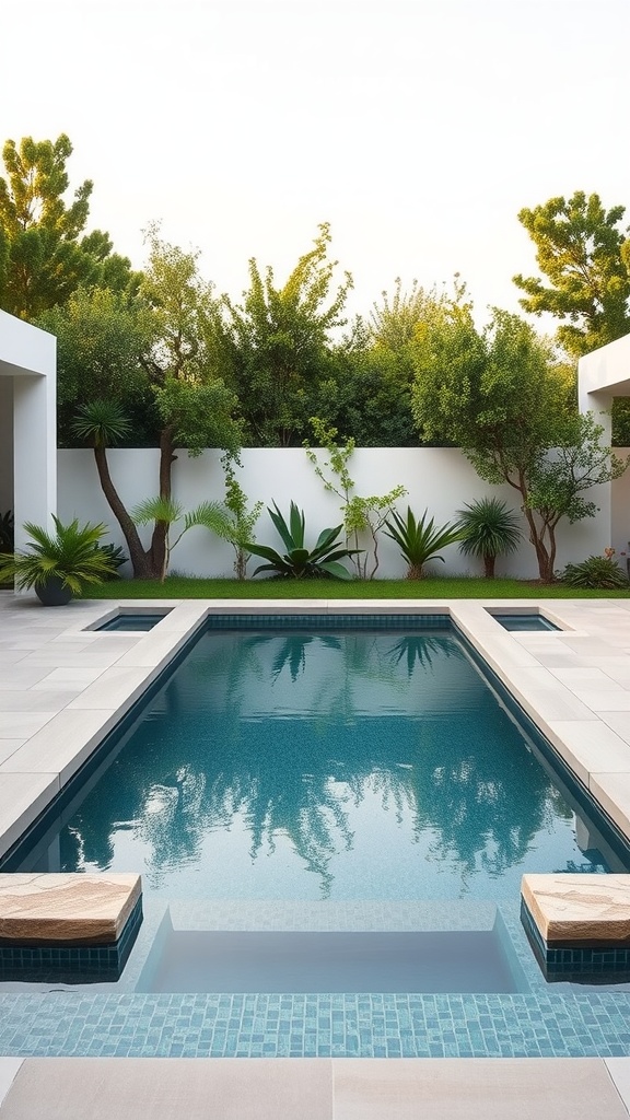 Elegant rectangular pool with stone accents surrounded by lush greenery.