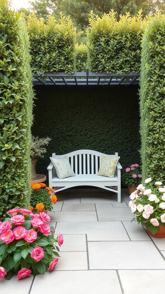 A charming garden seating area featuring a white bench surrounded by tall greenery and colorful flowers.