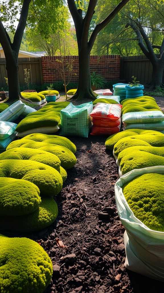 Lush green moss arranged in a backyard, surrounded by bags of soil amendments.