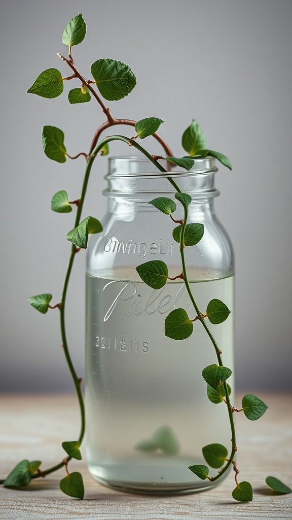 A jar of water with English Ivy cuttings, showcasing the green leaves and vines