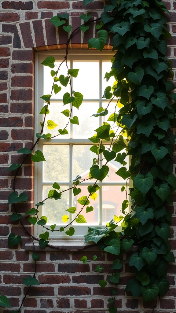 A window with English Ivy climbing around it, showcasing vibrant green leaves against a brick wall.