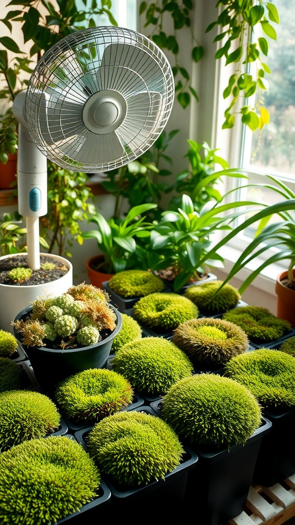 A well-ventilated space for growing moss with a fan and lush green moss plants.