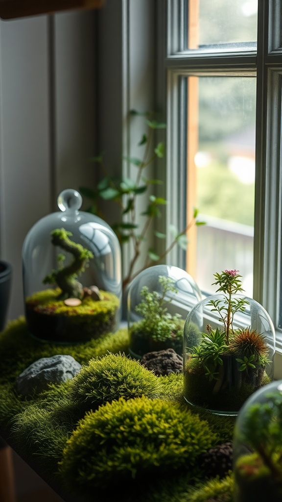 A beautifully arranged indoor moss garden with glass domes, showcasing various moss plants and natural elements near a window.