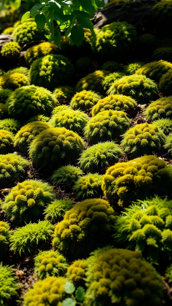 A vibrant patch of moss in sunlight, showcasing healthy growth and lush greenery.