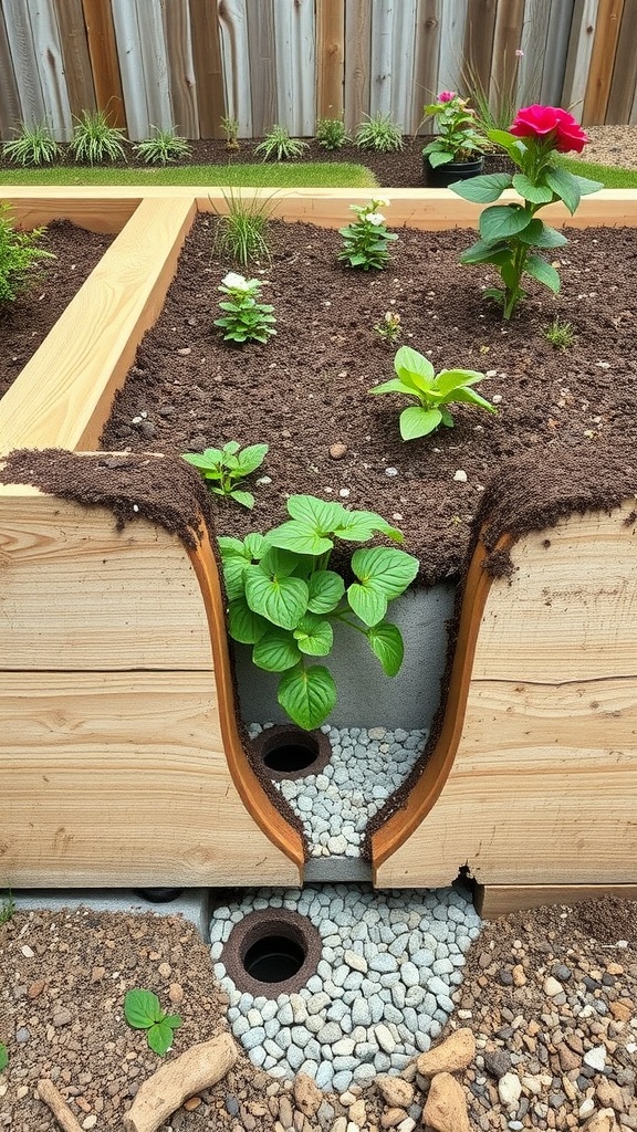 A raised flower bed with drainage holes and gravel for proper water management.