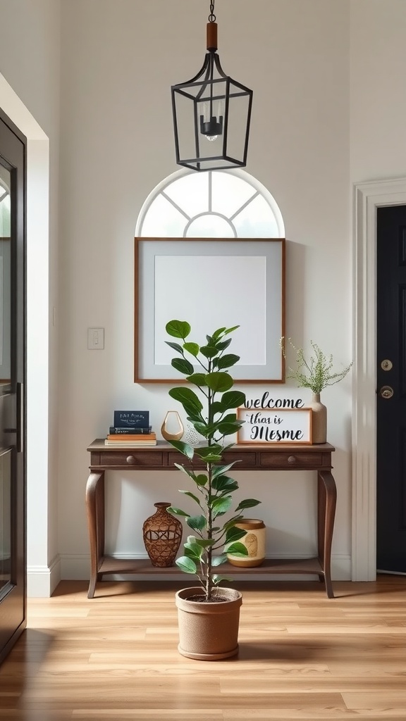 A jade plant placed in an entryway beside a wooden console table with decorative items.