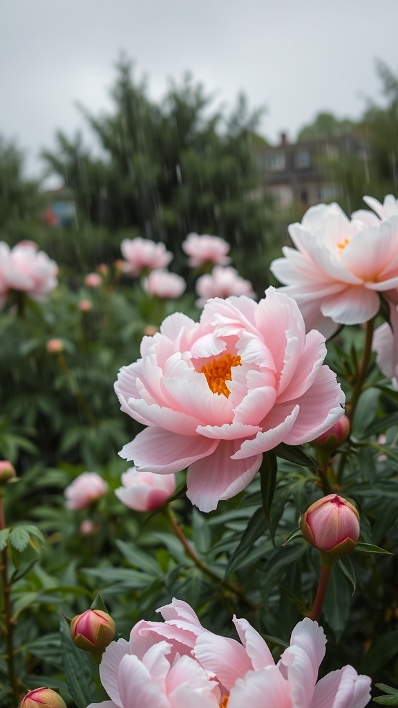 A beautiful peony flower bed with pink peonies in the rain, showcasing their lush blooms.