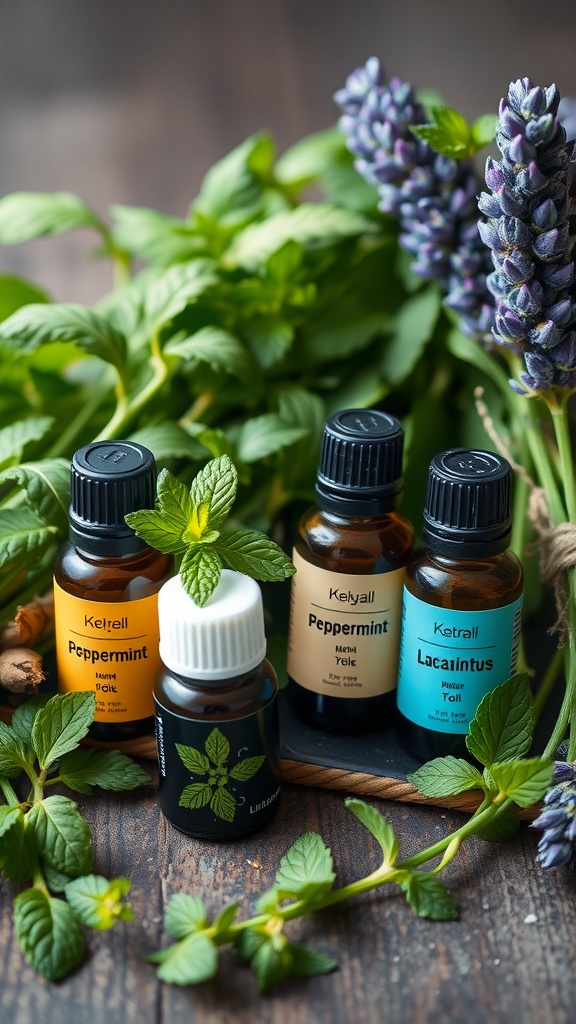 A variety of essential oils for natural fly repellent, alongside fresh mint leaves and lavender flowers.