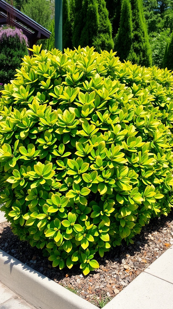 A lush green and yellow Euonymus 'Emerald 'N' Gold' shrub, compact and vibrant, suitable for privacy hedges.