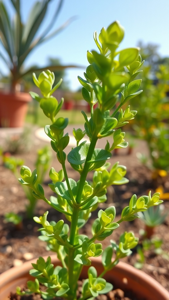 Close-up of a healthy jade plant in an outdoor setting, showcasing vibrant green leaves against a clear blue sky.