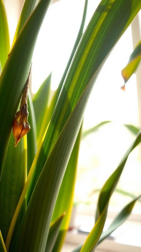 A close-up of a snake plant displaying a dried leaf among healthy foliage.