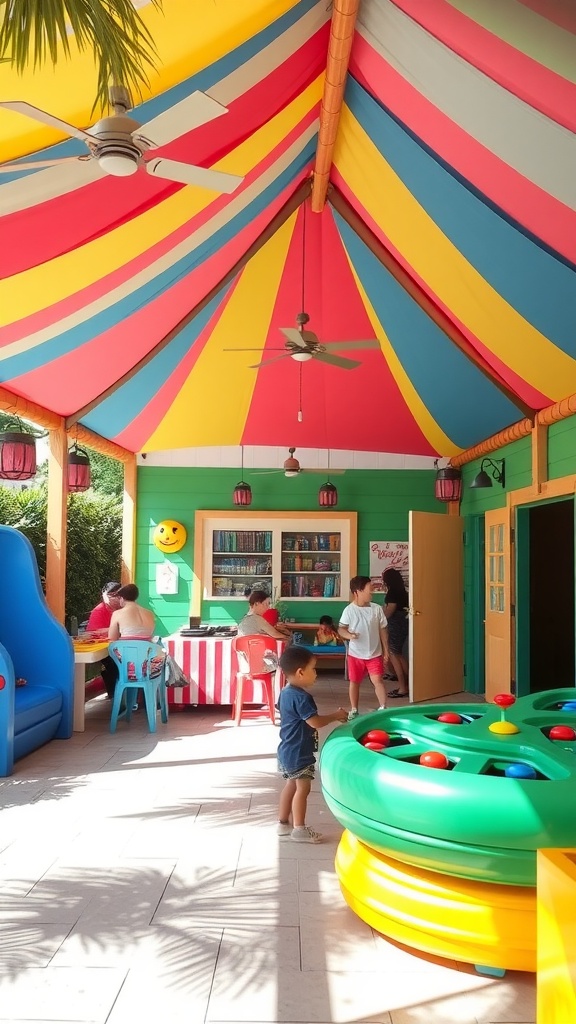 A colorful cabana with a child playing in a pool, showcasing a family-friendly atmosphere.