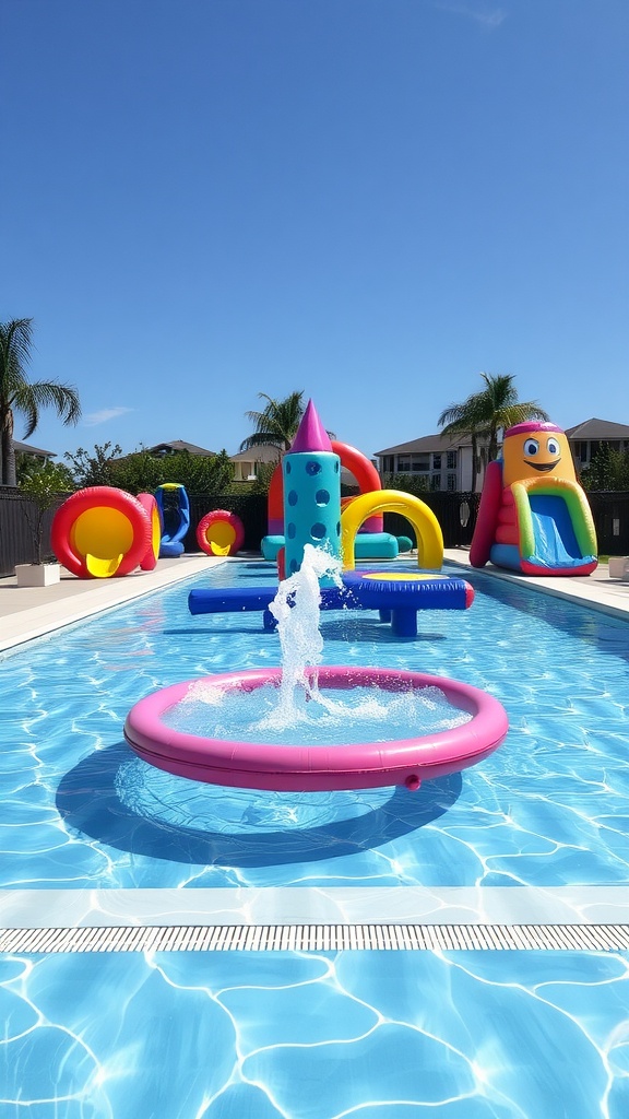 Kids playing in a bright blue pool with inflatable floaties and vibrant slides in the background.