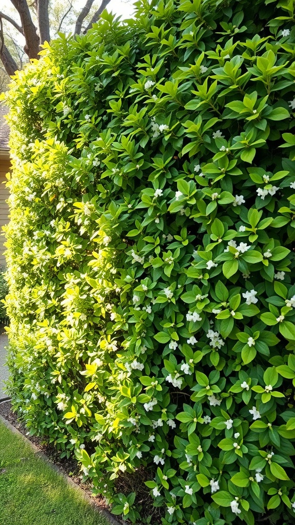 Lush green viburnum hedge with white flowers