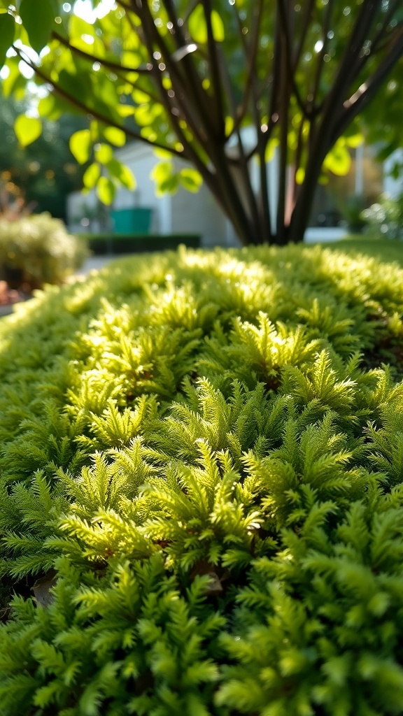 A lush carpet of feather moss with soft, feathery leaves, illuminated by soft sunlight under a tree.