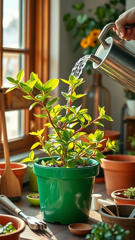 Person watering a Jade plant indoors with pots and gardening tools around