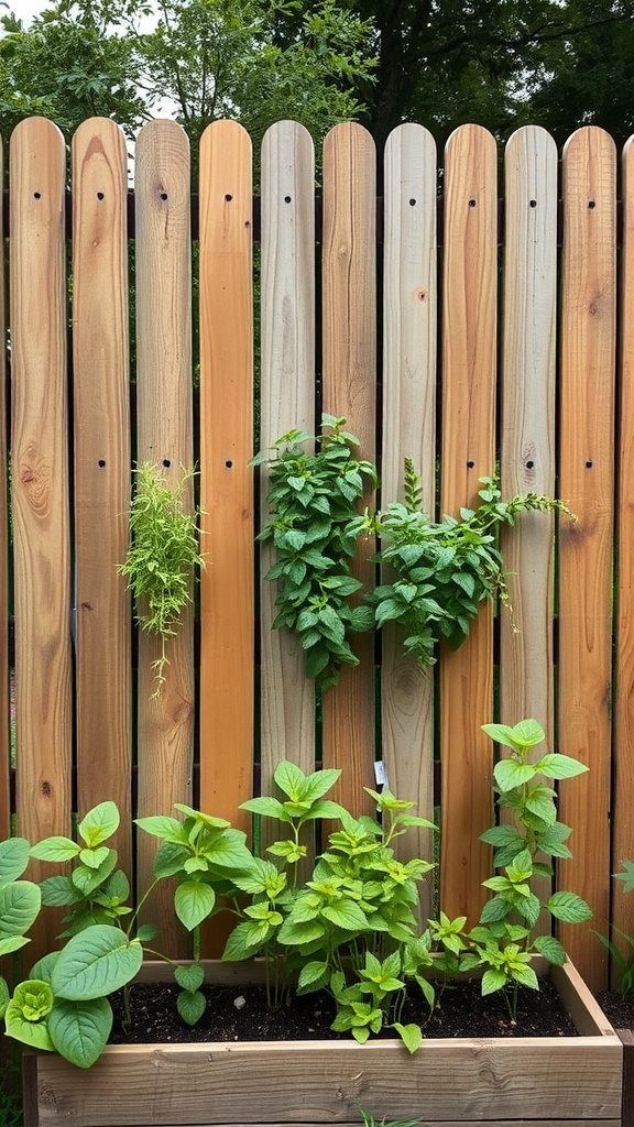 A raised garden bed made from wooden fencing panels, featuring various green plants.