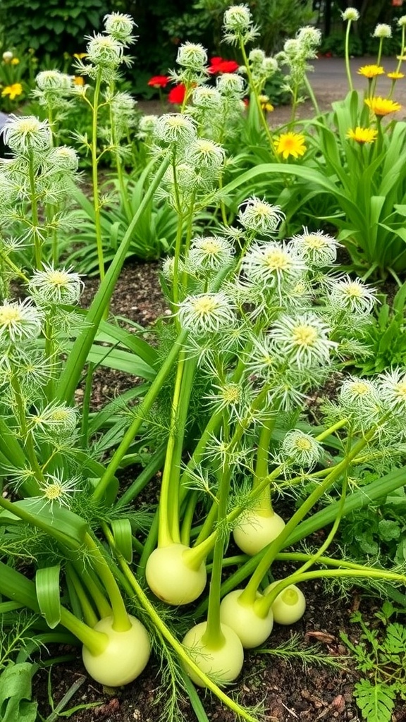 Fennel plants with bulbous bases and feathery fronds in a garden setting.