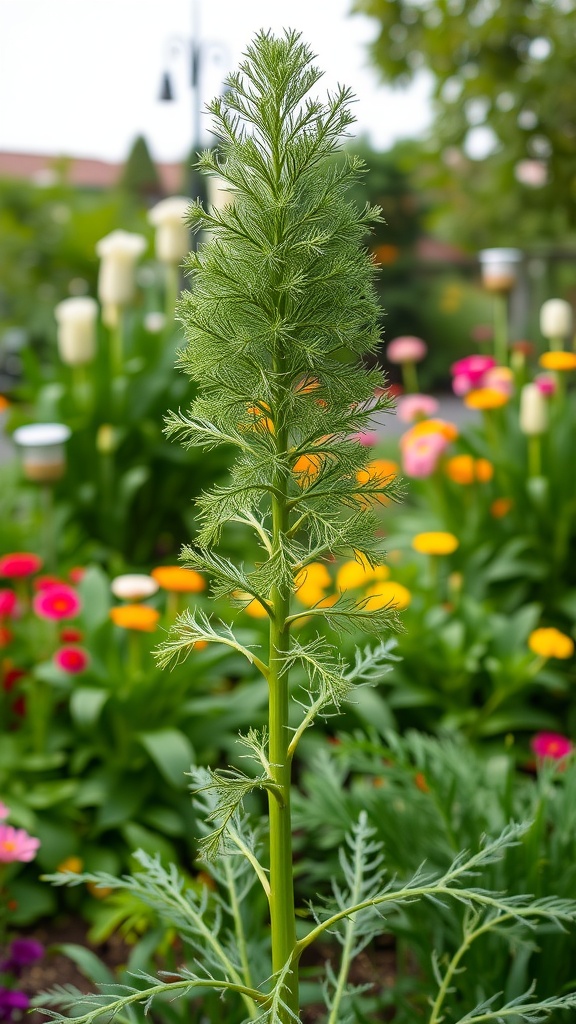 A vibrant fennel plant with feathery leaves, surrounded by colorful flowers in a garden