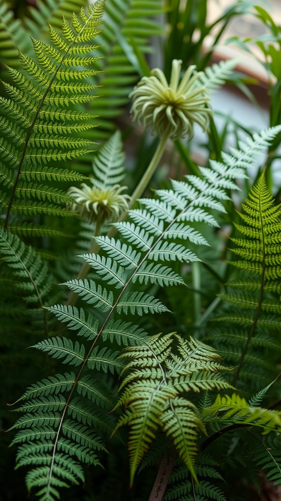 A close-up view of various ferns showing their delicate textures and green shades.