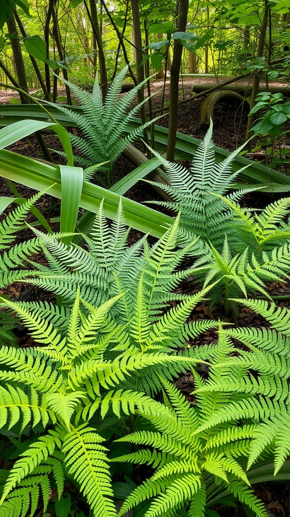 A lush arrangement of various ferns in a shady area, showcasing their vibrant green leaves and textured forms.