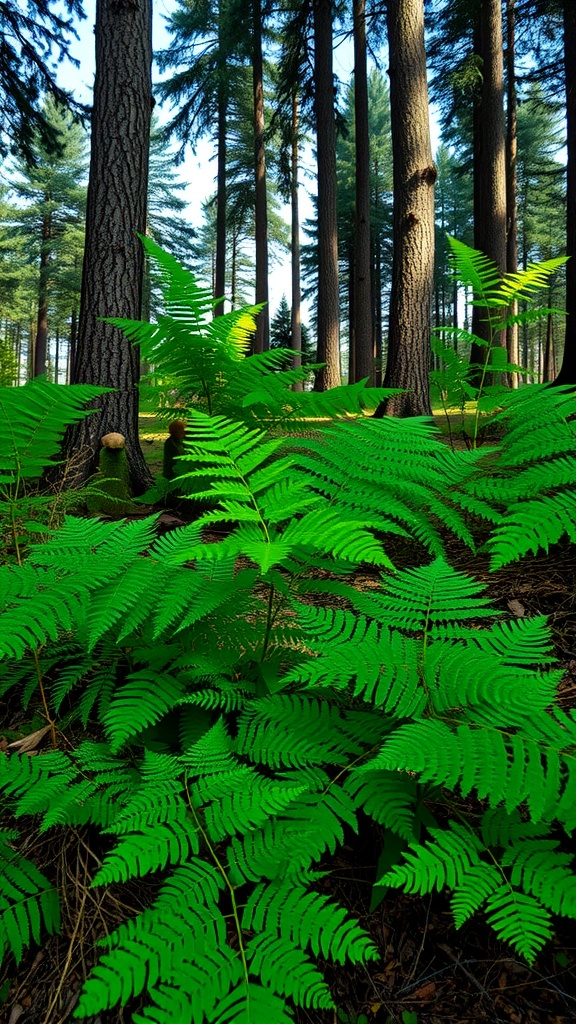 A lush green fern under tall pine trees in a forest.