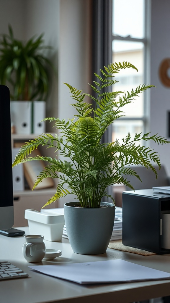 A fern in a modern office setting, showcasing its soft and feathery texture.