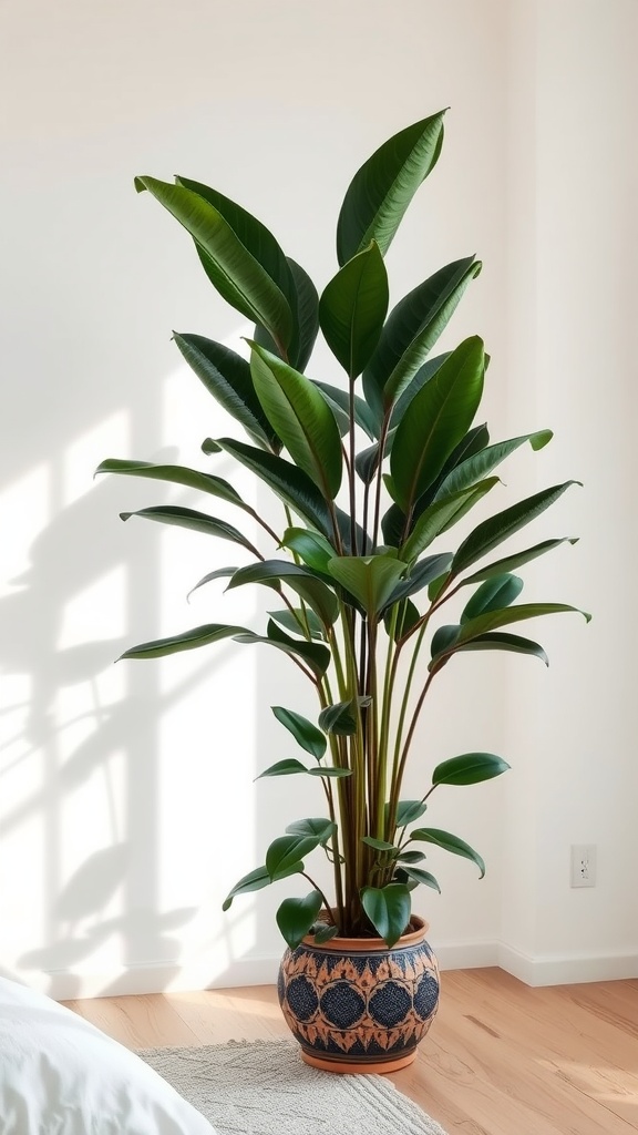 A large Ficus Elastica plant in a decorative pot, adding a bold touch to a light-filled bedroom