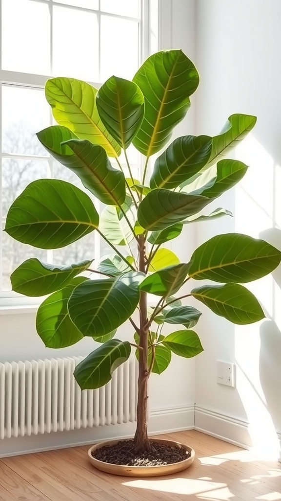 A tall Fiddle Leaf Fig plant in a bright room by a south-facing window.