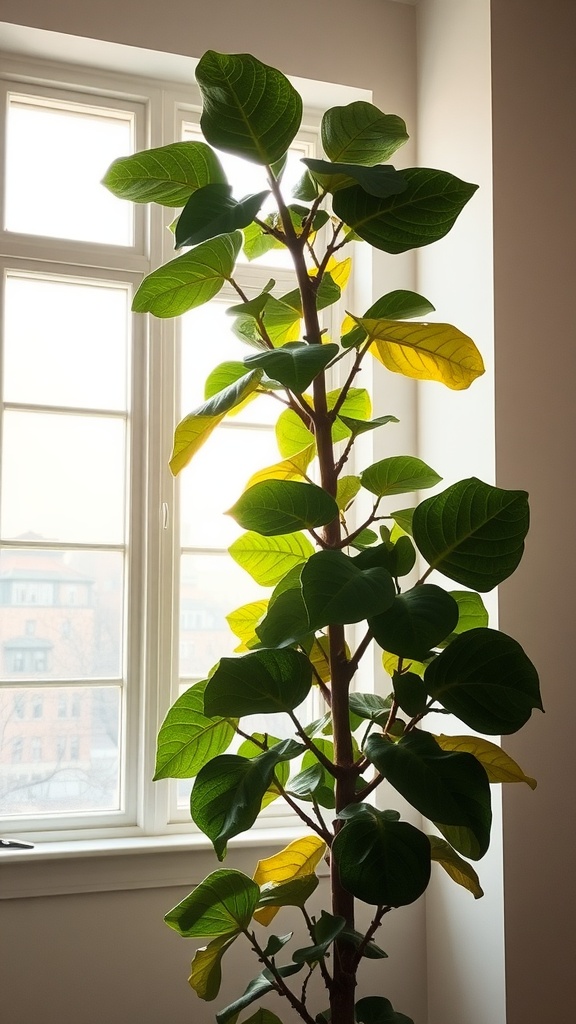 A tall Fiddle Leaf Fig plant with large green leaves, positioned next to an east-facing window.