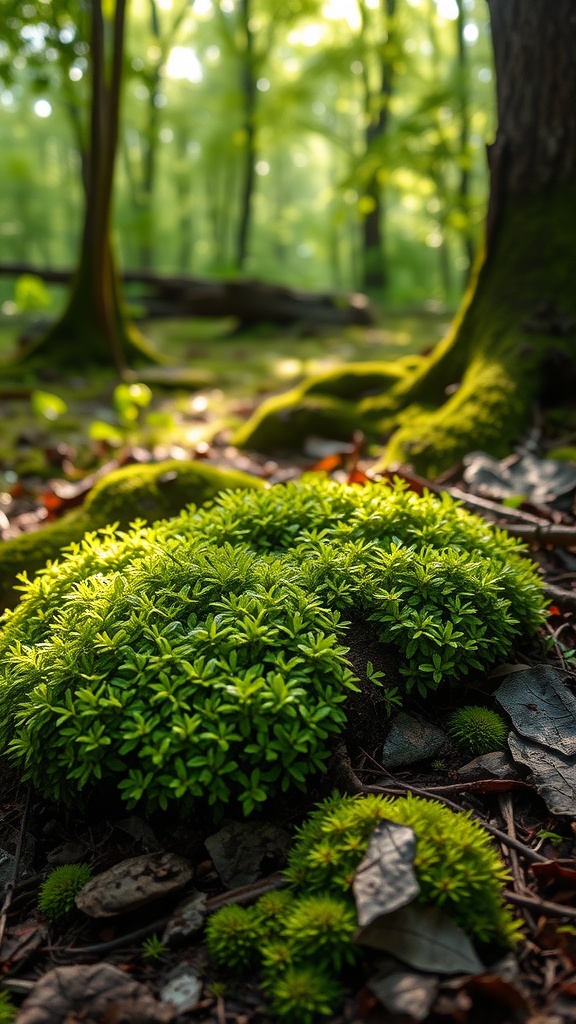 A lush patch of green moss in a forest, showcasing healthy growth in a serene environment.