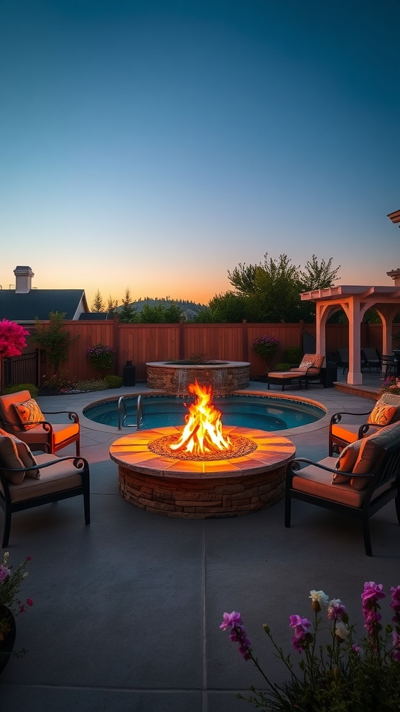 A cozy fire pit area by a swimming pool at dusk