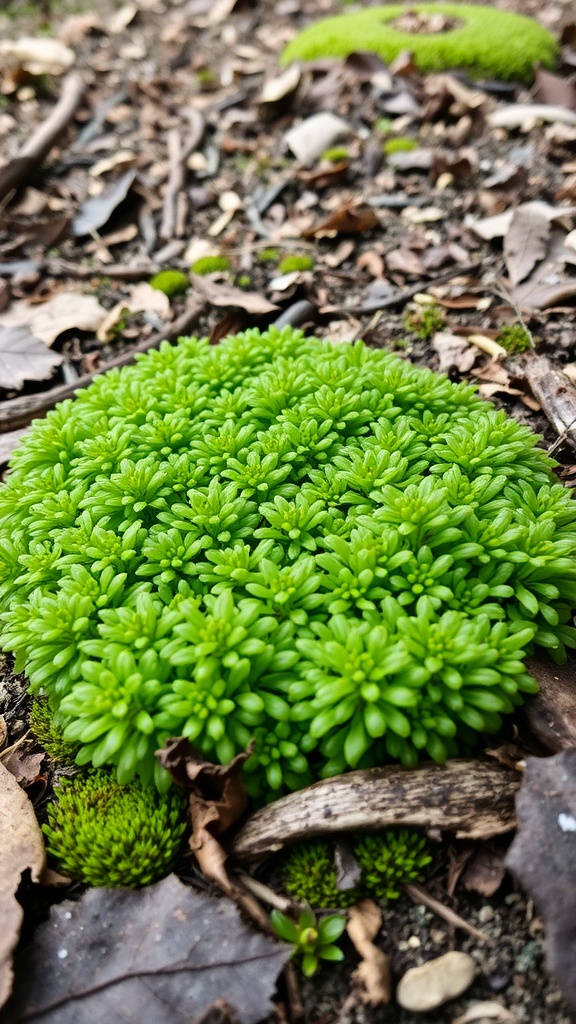 A dense patch of Flat Moss (Plagiomnium Undulatum) surrounded by leaves and twigs.