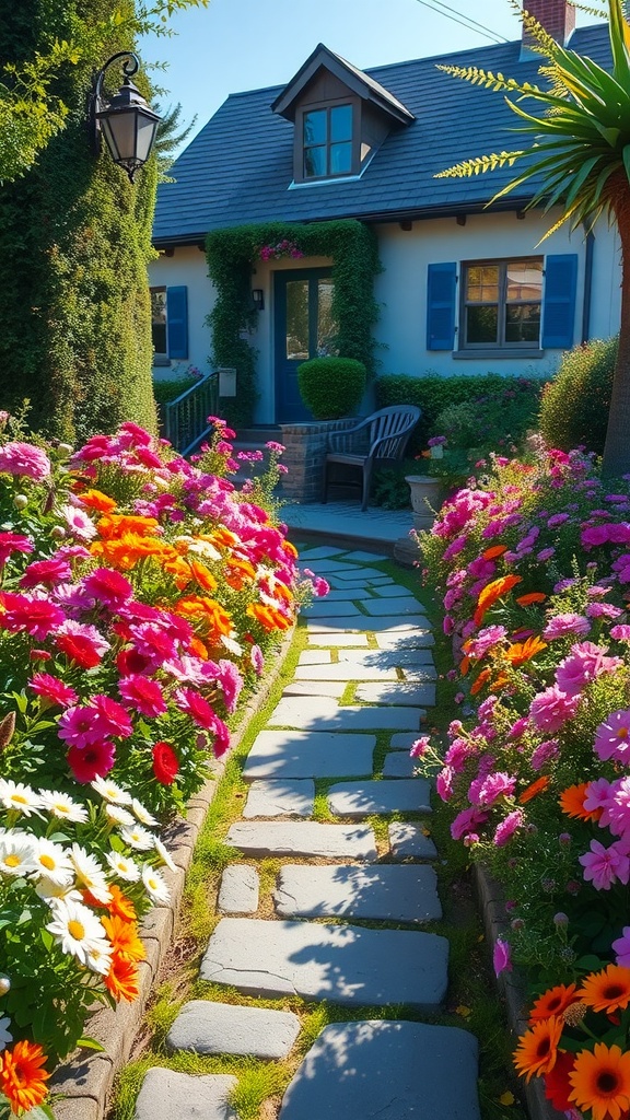 Colorful flower beds lining a stone pathway leading to a charming house.