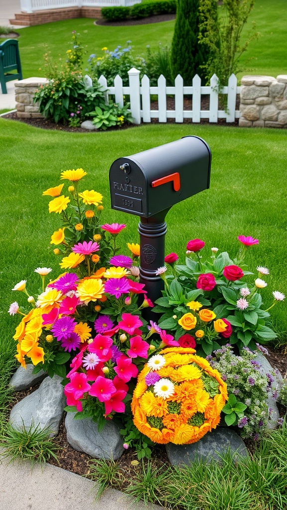 Vibrant flower bed around a mailbox with various colorful flowers and stones