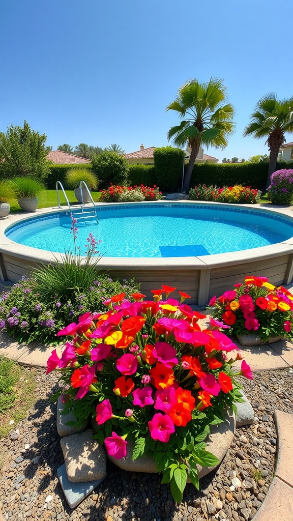 Colorful flower beds surrounding an above ground pool with bright blooms and greenery.