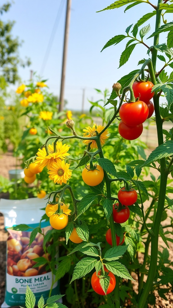 Healthy tomato plants with yellow flowers and a bag of bone meal fertilizer in the background.