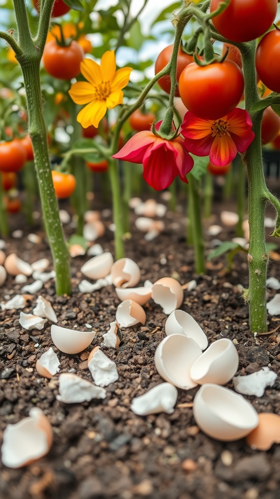 A close-up view of tomato plants with vibrant flowers and crushed eggshells scattered on the soil.