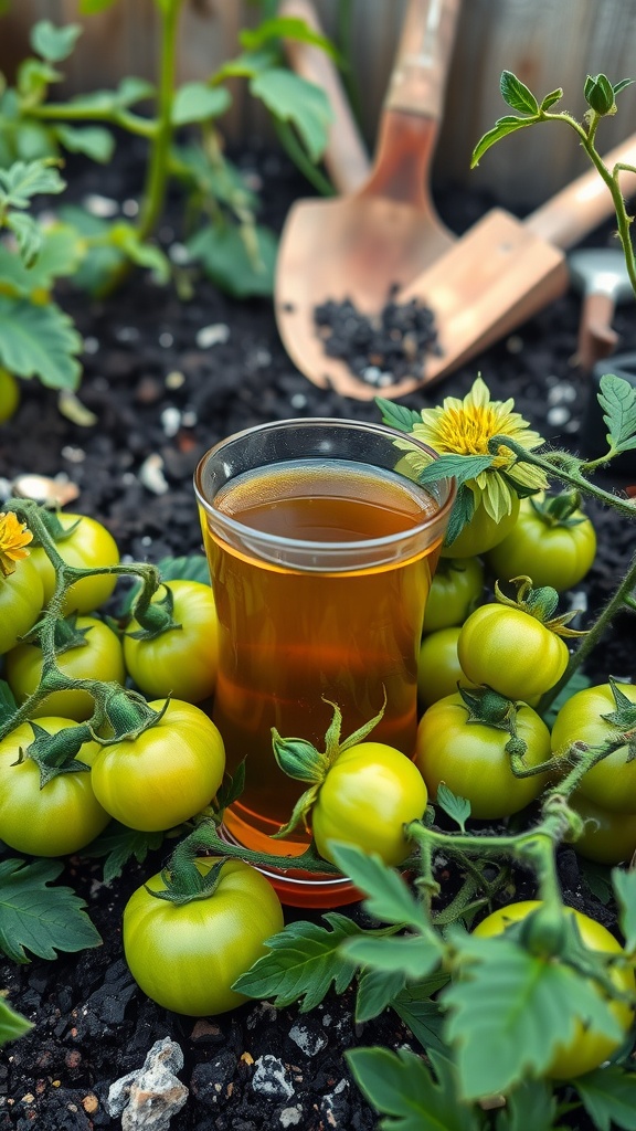 A glass of wood ash tea placed among green tomatoes and a gardening tool.