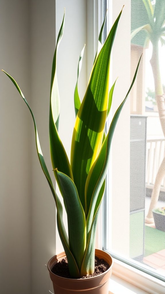 A tall Snake Plant with green and yellow striped leaves in a pot near a window, basking in sunlight.