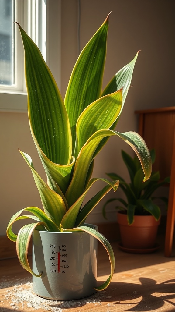 A healthy snake plant with vibrant leaves in a well-lit indoor setting.