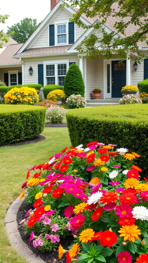 A landscaped front yard featuring formal hedges and colorful flower beds in front of a house.