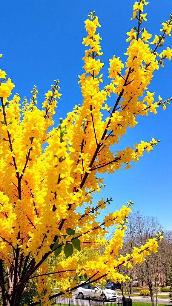 A close-up of blooming Forsythia with vibrant yellow flowers against a clear blue sky.