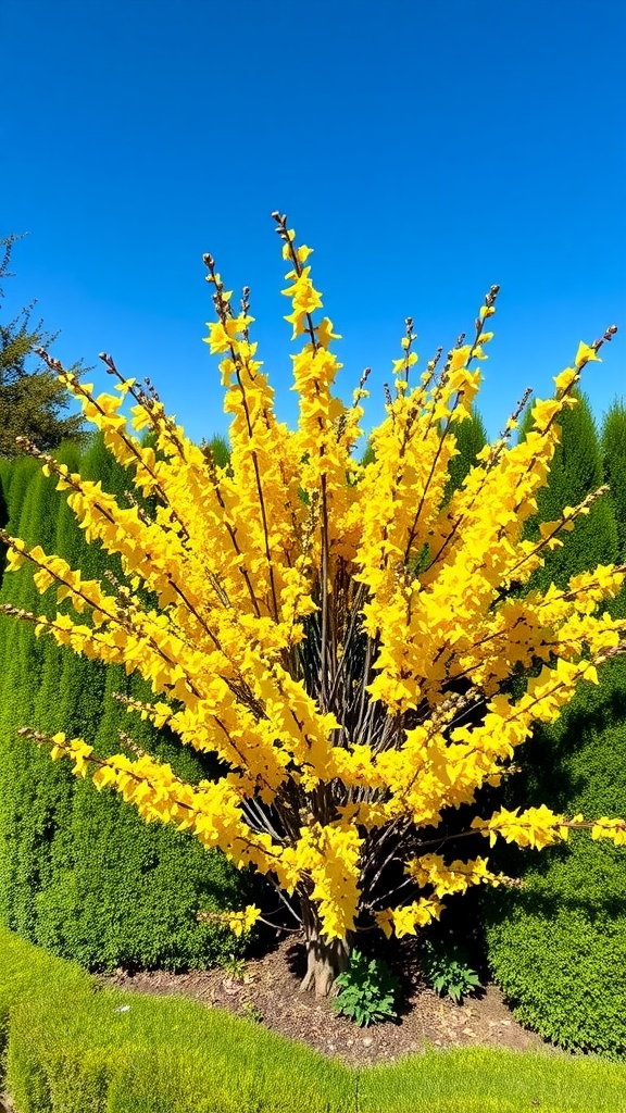 A vibrant forsythia bush in full bloom with bright yellow flowers against a clear blue sky.