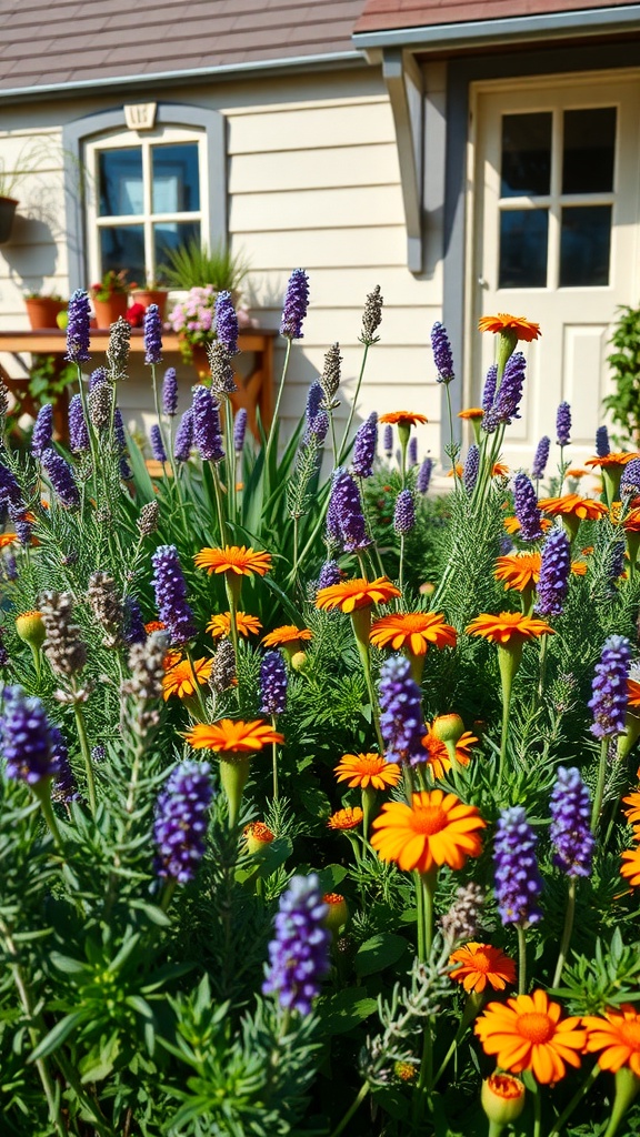 Colorful flower bed with purple and orange flowers in front of a house.