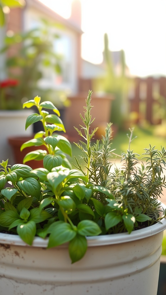 A collection of fragrant herbs like basil and rosemary in a pot, basking in the sunlight.